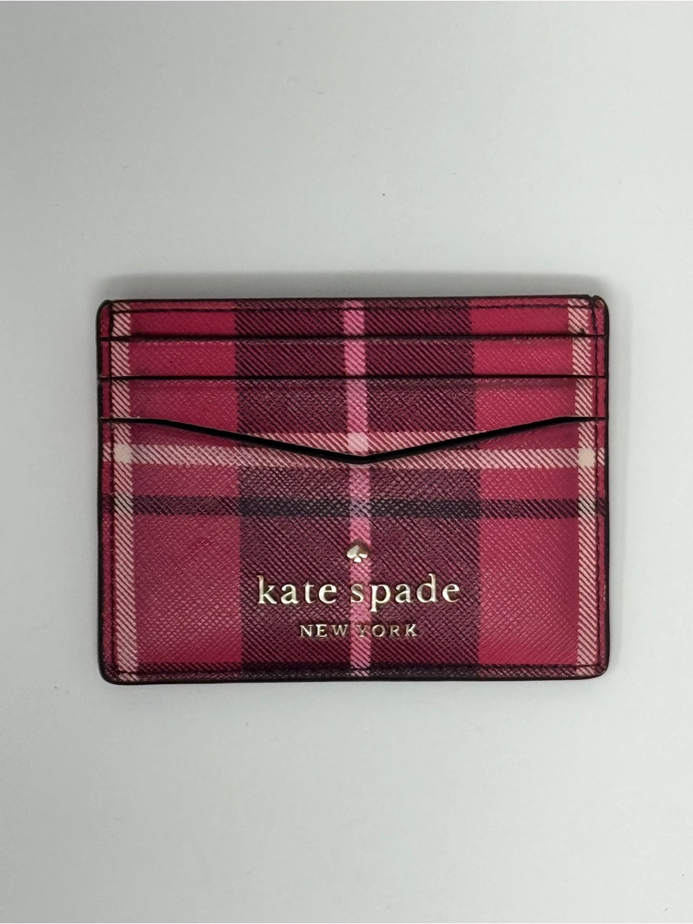 kate spade Pink Plaid Card Case with Gold Logo